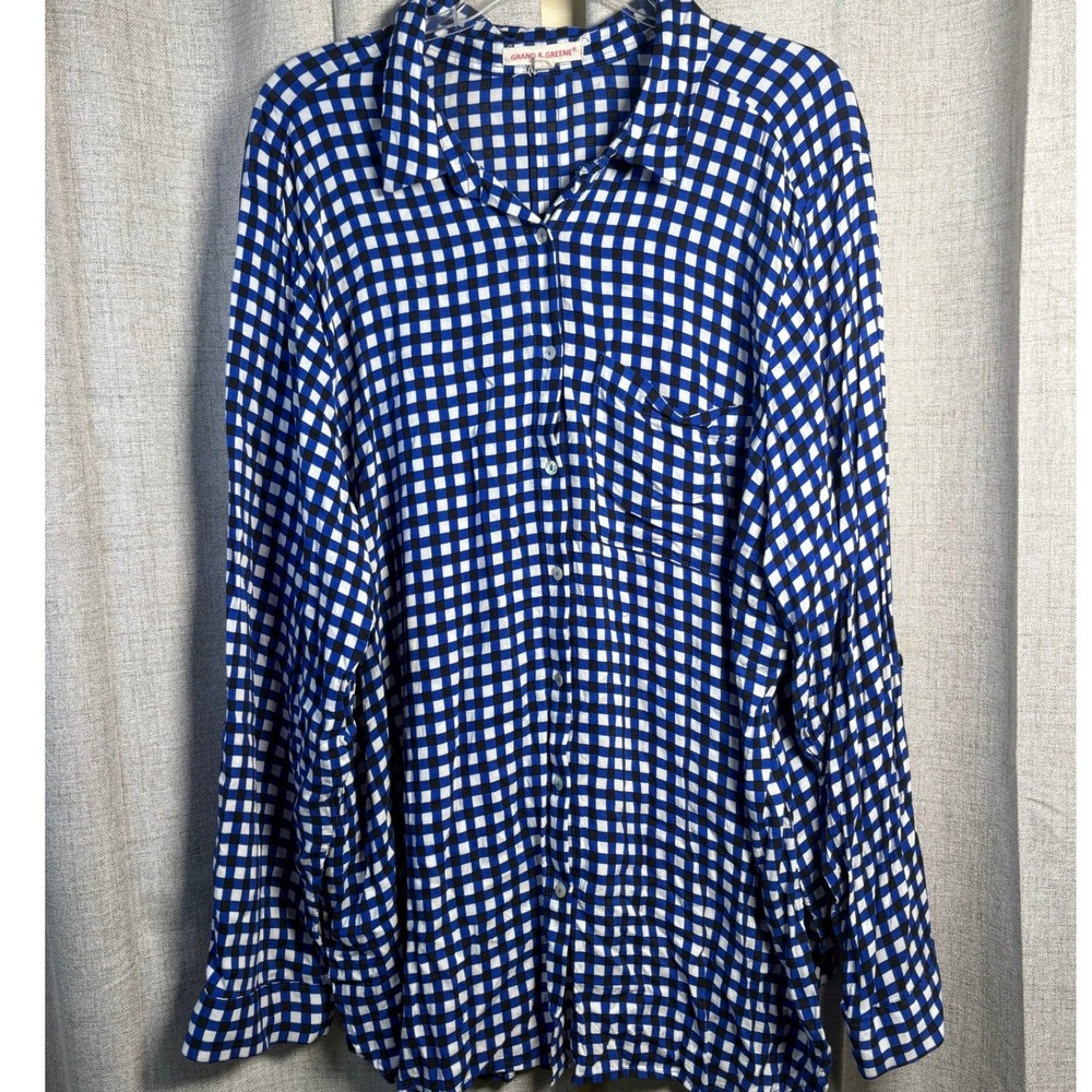 Grand & Greene Blue Gingham Button Down Shirt 2X Rayon Flowy Roll Sleeve Top
